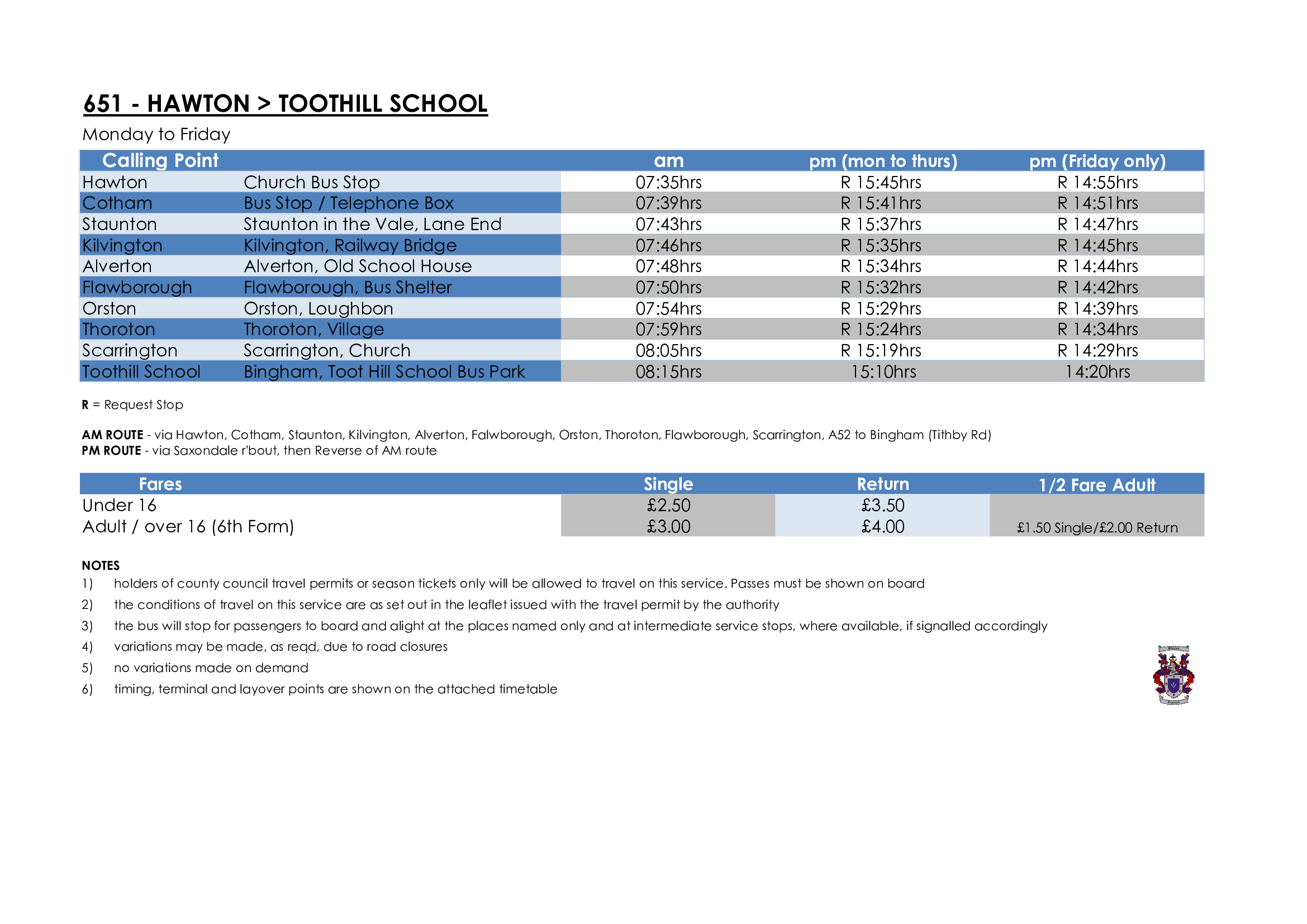 Sharpes of Nottingham Timetable